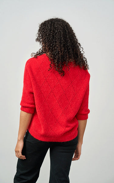 Luella Ladies Montrose Short Sleeve V-Neck Diamond Pattern Alpaca Knit Jumper In Red