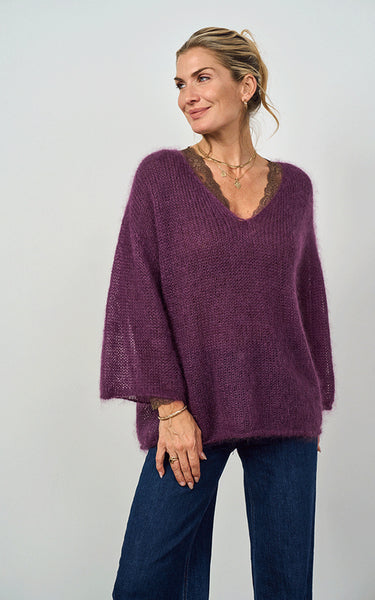 Luella Ladies Troon Mohair Blend V-Neck Jumper in Plum