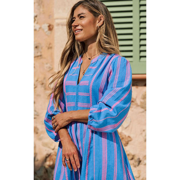 Luella Ladies St. Tropez Cotton Dress Embroidered Pattern - Blue/Neon Pink