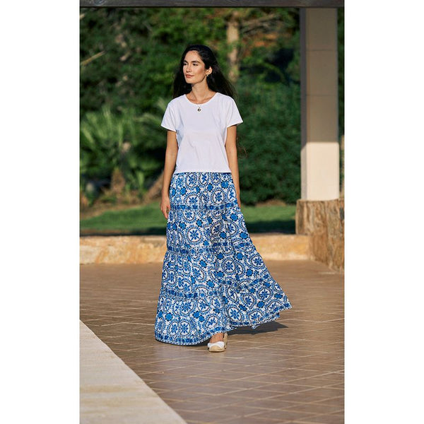 Luella Ladies Venezia Cotton Maxi Skirt Printed Pattern - White/Blue