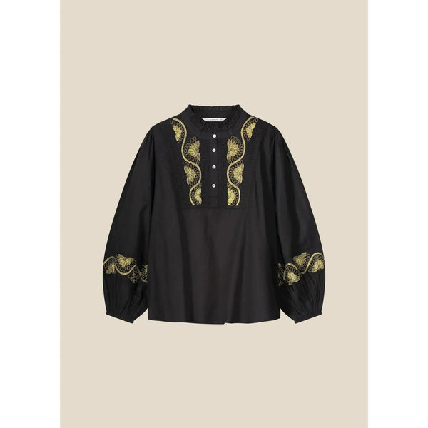 Black cotton blouse with gold thread detailing on the chest and around the sleeve