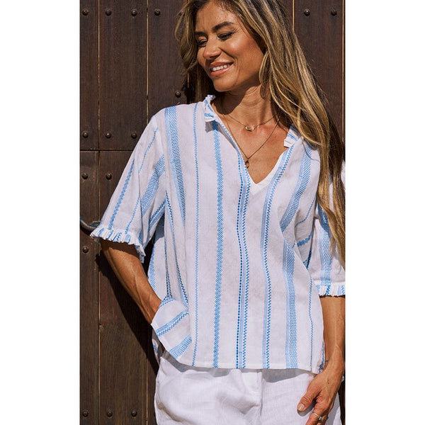 Luella Ladies Avignon Cotton Top Embroidered Pattern - Blue/White