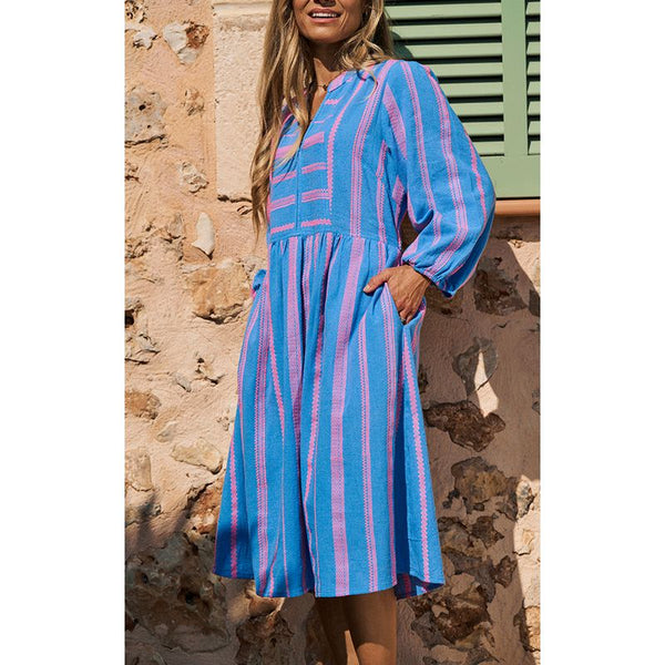 Luella Ladies St. Tropez Cotton Dress Embroidered Pattern - Blue/Neon Pink