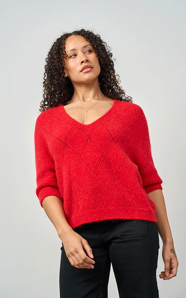 Luella Ladies Montrose Short Sleeve V-Neck Diamond Pattern Alpaca Knit Jumper In Red