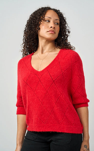 Luella Ladies Montrose Short Sleeve V-Neck Diamond Pattern Alpaca Knit Jumper In Red
