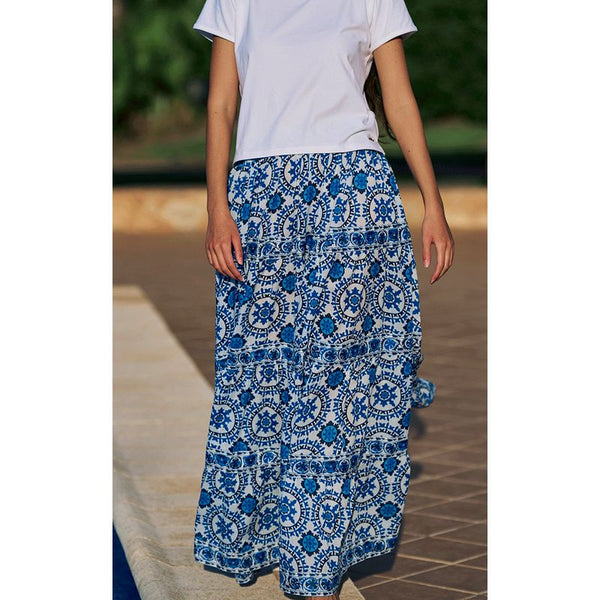 Luella Ladies Venezia Cotton Maxi Skirt Printed Pattern - White/Blue