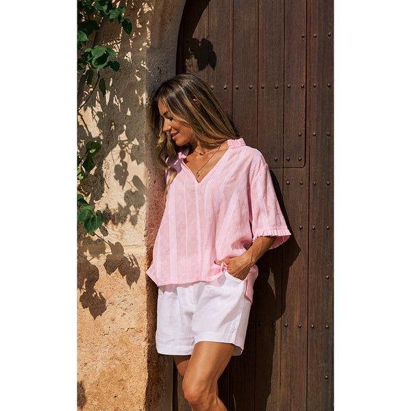Luella Ladies Avignon Cotton Top Embroidered Pattern - Pink/White