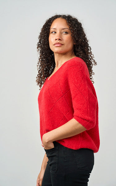 Luella Ladies Montrose Short Sleeve V-Neck Diamond Pattern Alpaca Knit Jumper In Red
