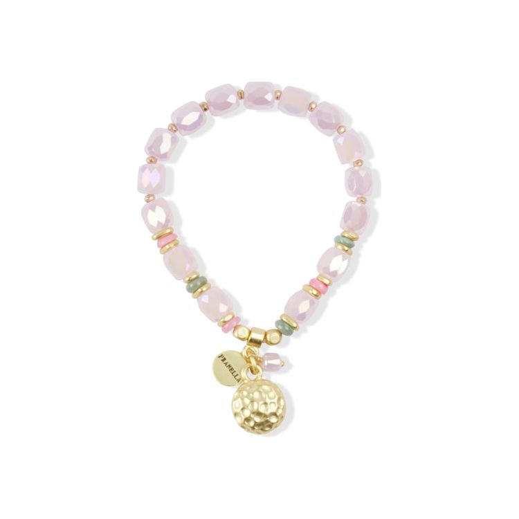 light pink chunky beaded bracelet with hammered gold circle charm