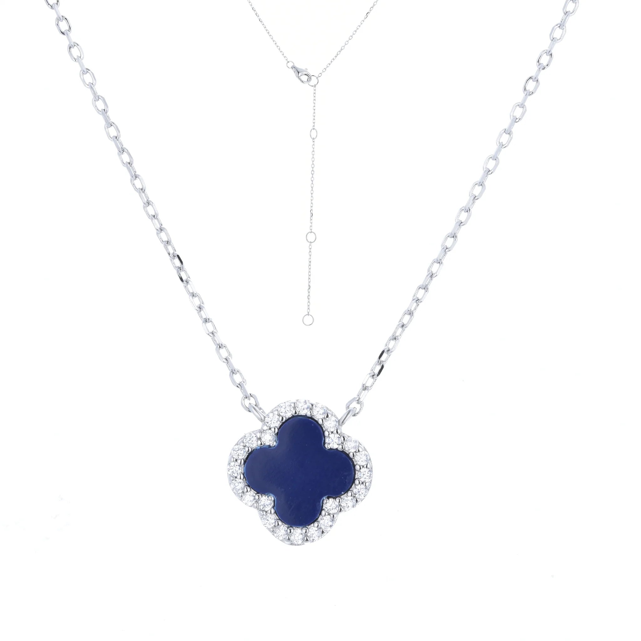 Silver chain necklace with clover pendant with blue lapis stone with CZ stones on the edge