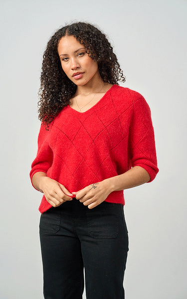 Luella Ladies Montrose Short Sleeve V-Neck Diamond Pattern Alpaca Knit Jumper In Red