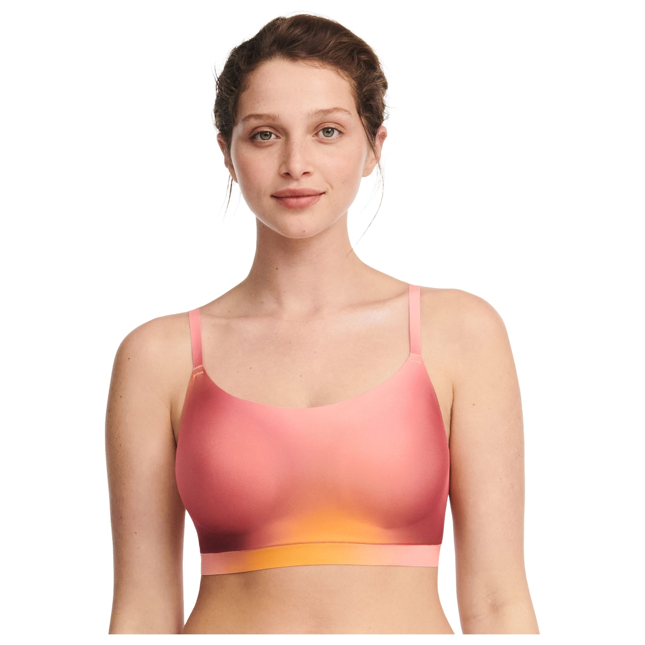 bralette with gradient print of pinks and yellows, features adjustable spaghetti straps, built in moulded pads 