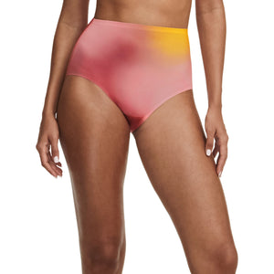 high waisted brief (above belly button) with pink and yellow gradient print 