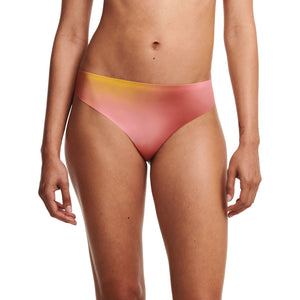 Gradient print of Pinks and Yellow on a thong. 