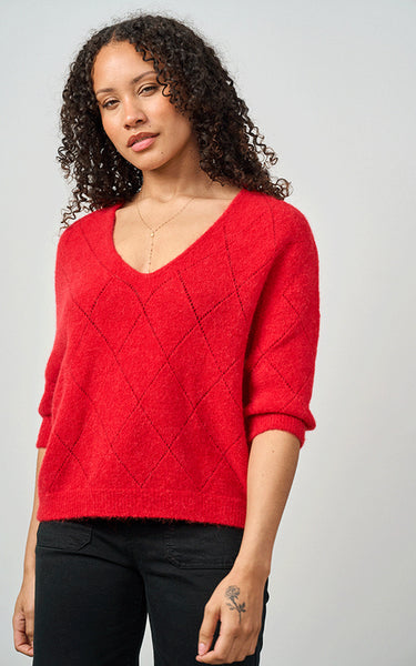 Luella Ladies Montrose Short Sleeve V-Neck Diamond Pattern Alpaca Knit Jumper In Red