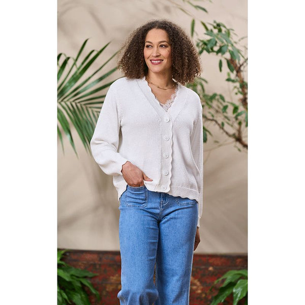 Luella Ladies Falmouth Button Up Cotton Cardigan w/Scalloped Trim Ivory