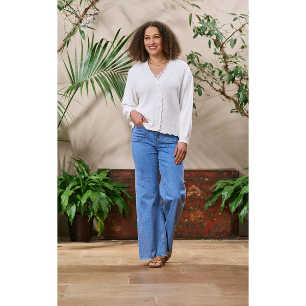 Luella Ladies Falmouth Button Up Cotton Cardigan w/Scalloped Trim Ivory