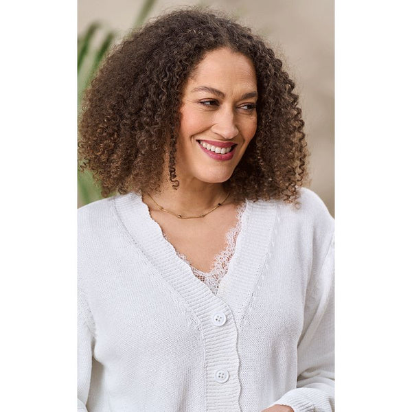 Luella Ladies Falmouth Button Up Cotton Cardigan w/Scalloped Trim Ivory