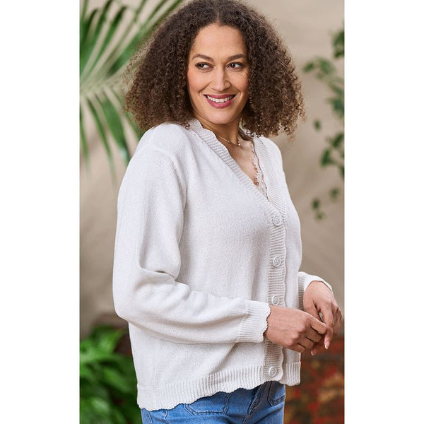 Luella Ladies Falmouth Button Up Cotton Cardigan w/Scalloped Trim Ivory