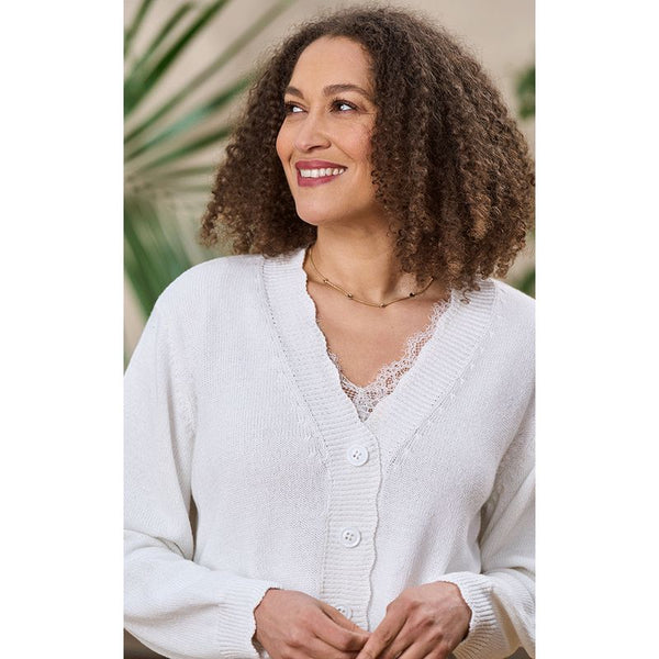 Luella Ladies Falmouth Button Up Cotton Cardigan w/Scalloped Trim Ivory