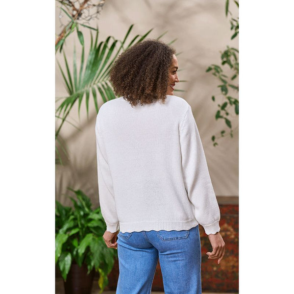 Luella Ladies Falmouth Button Up Cotton Cardigan w/Scalloped Trim Ivory