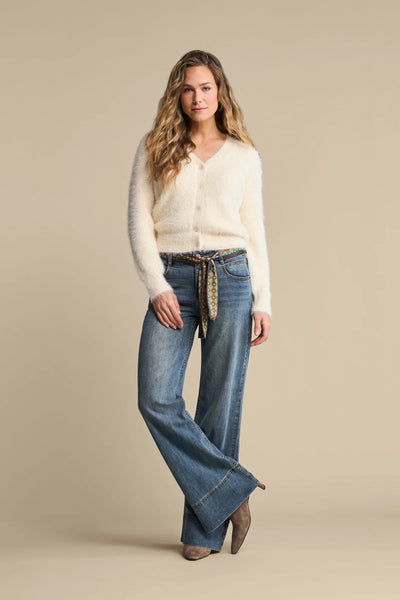 Red Button Ladies Sleeveless Fuzzy Cardigan - Cream