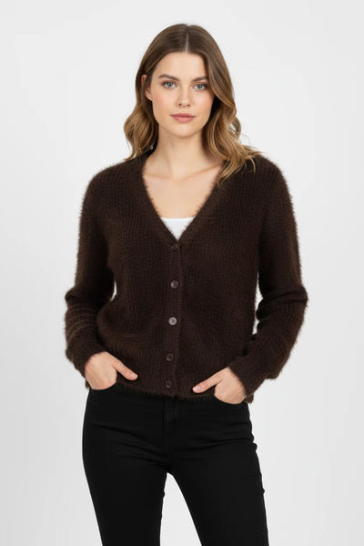 Red Button Ladies Sleeveless Fuzzy Cardigan - Espresso