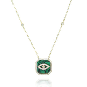 gold chain necklace with malachite square charm featuring a evil eye in the centre