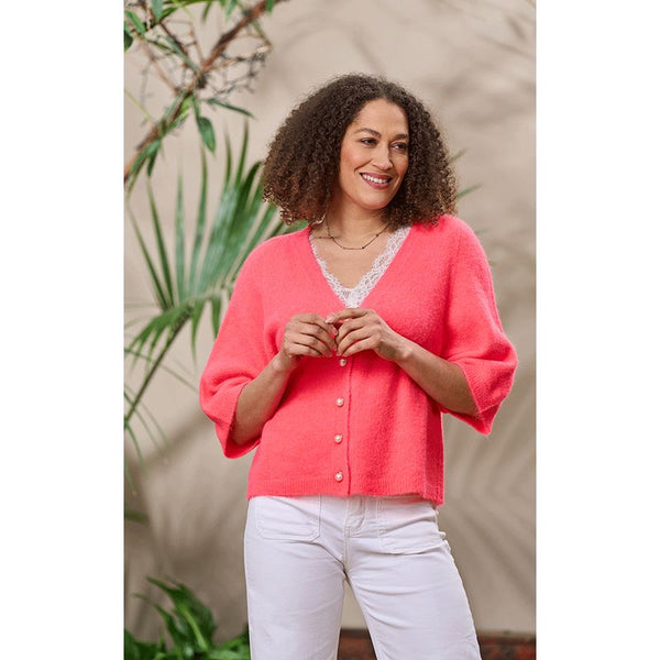 Luella Ladies Pearl Alpaca Knit Cardigan w/Pearl Buttons Fluorescent Coral