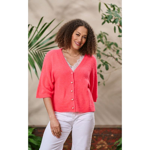 Luella Ladies Pearl Alpaca Knit Cardigan w/Pearl Buttons Fluorescent Coral