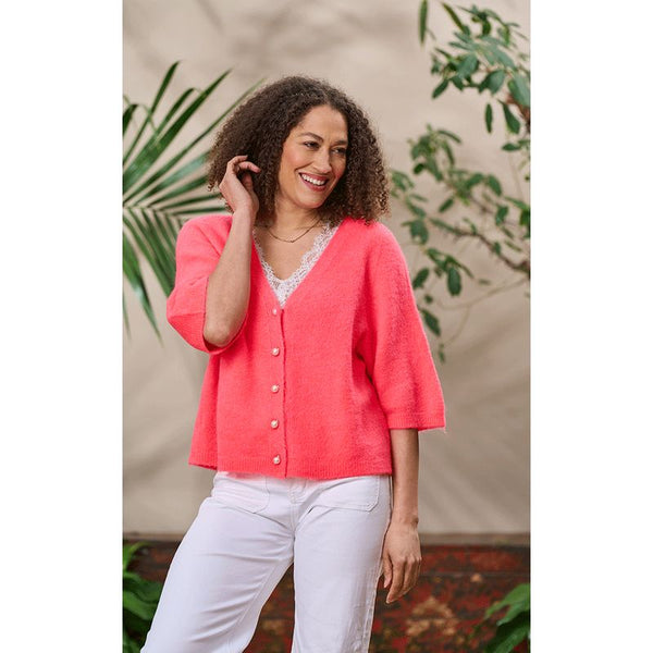 Luella Ladies Pearl Alpaca Knit Cardigan w/Pearl Buttons Fluorescent Coral