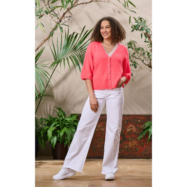 Luella Ladies Pearl Alpaca Knit Cardigan w/Pearl Buttons Fluorescent Coral