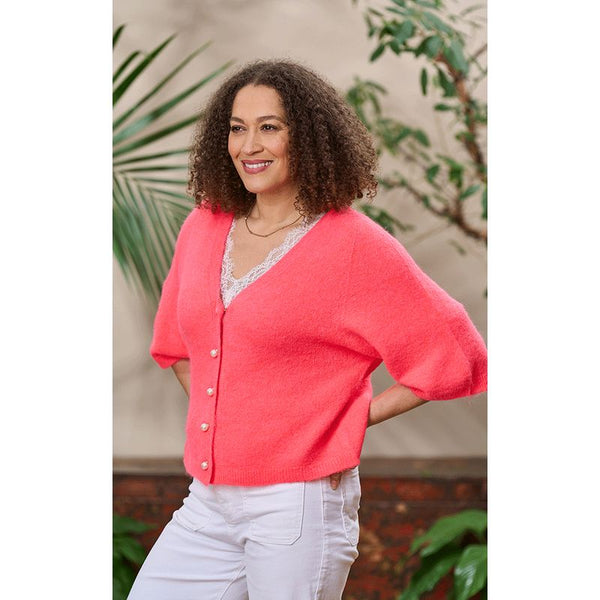 Luella Ladies Pearl Alpaca Knit Cardigan w/Pearl Buttons Fluorescent Coral