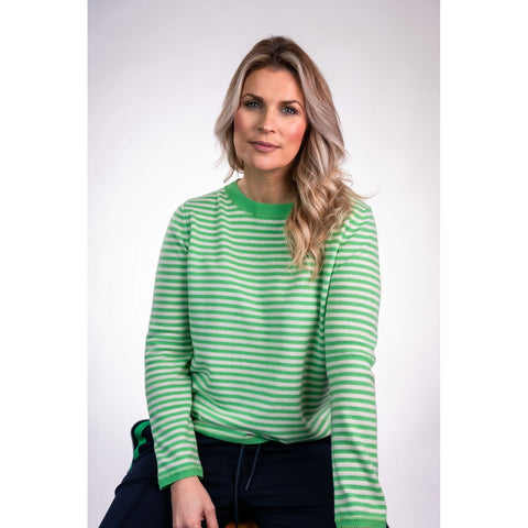 Arkell & Wills Ladies Cashmere Striped Boxy Crew Sweater - Green