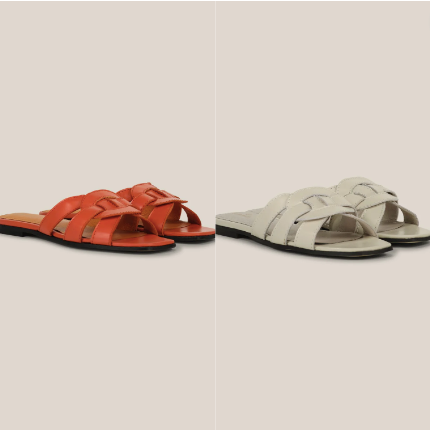 These leather slip flops with similar lining are incredibly light. The braided leather forms a refined pattern and the oval leather ring adds the finishing touch.