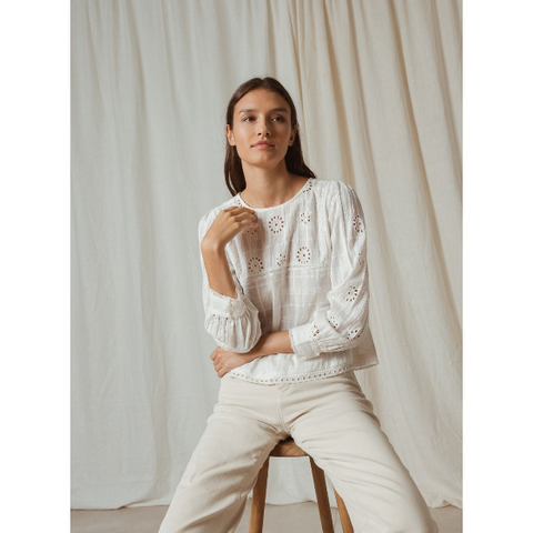 ROMANTIC OPENWORK SHIRT IN FAUX PLAIN COTTON WITH LONG SLEEVES - BCI cotton fabric - Round neckline - Straight fitted, and chest seam with openwork and embroidery - Long sleeves with cuffs and buttons - Shirt bottom with openwork details