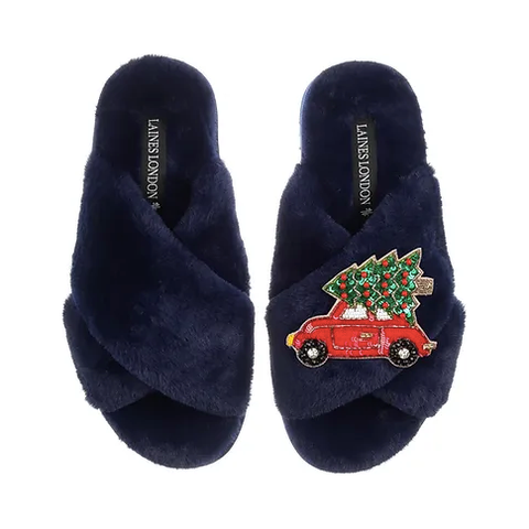 Laines London Classic Navy Slippers with Christmas Car Brooch