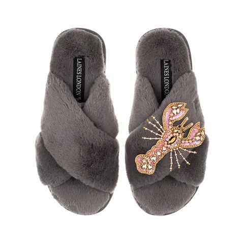 Laines London Classic Grey Slippers with Lobster Brooch