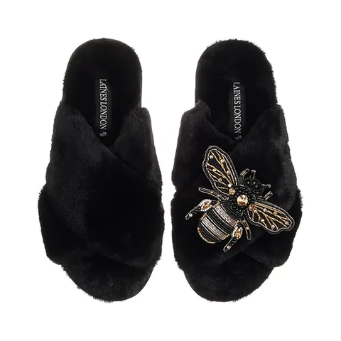 Laines London Classic Black Slippers with Bee Brooch