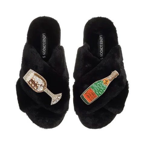 Laines London Classic Black Slippers with Champers and Glass Brooches