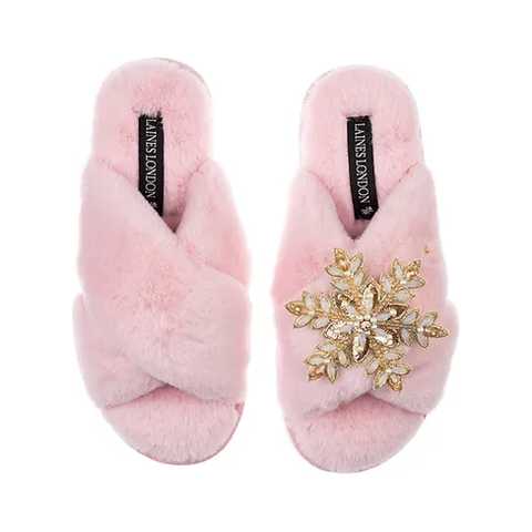 Laines London Classic Pink Slippers with Snowflake Brooch