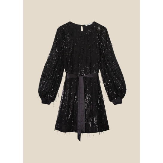 princess polly baby blue dress Ro&Zo Gina Black Fringe Sequin Puff Sleeve Midi Dress main image 0