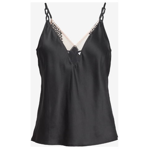 front half of the cami is black silk with 'x' detail on the straps and a plunging neckline featuring an 'X'