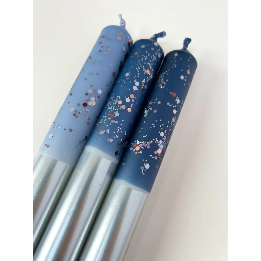blue candle sticks dipped in silver