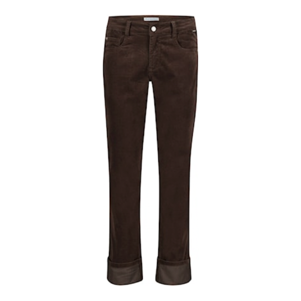 Espresso brown velvet trousers with button and zip and front pockets. Legs are a tapered fit 