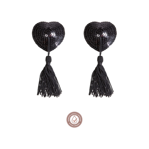 Black sequin heart nipple covers with tassel accessory 