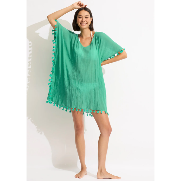 JADE GREEN KIMONO WITH TASSLES DOWN THE SIDE AND HEM - SQAURE LOOK