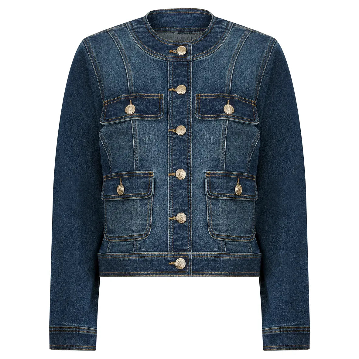 Calgary Women's Stretch Cotton Collarless Denim Jacket in Mid Blue - Amara Reya