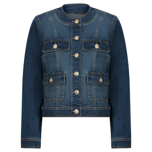 Calgary Women's Stretch Cotton Collarless Denim Jacket in Mid Blue - Amara Reya
