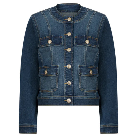 Calgary Women's Stretch Cotton Collarless Denim Jacket in Mid Blue - Amara Reya